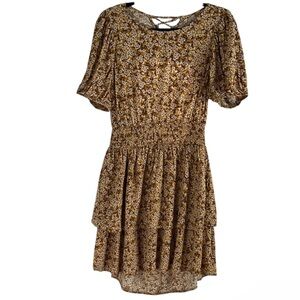 Wild Fable Mustard Floral Puff Sleeve Mini Dress Large EUC Like New!!